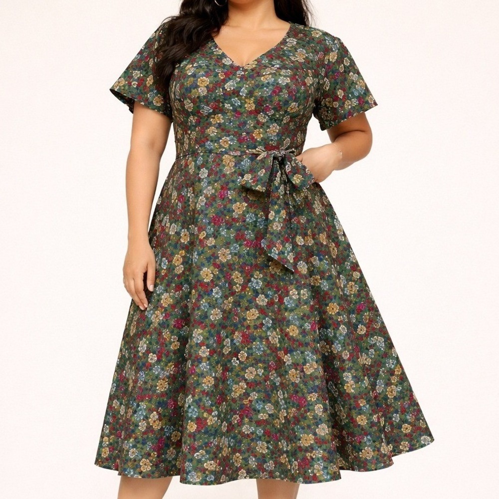 NWT Lane Bryant Green Floral Lena V Neck Level Hem Midi Dress Plus Size 28
